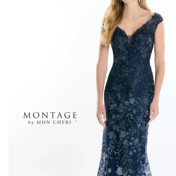 Montage by Mon Cheri Deep Blue Floral Gown - Picture 1 of 3